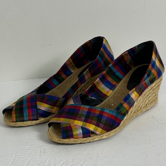 Ralph Lauren Espadrille Wedge Silk Shantung Plaid Peep Toe Sandals Womens Size 9 - Picture 2 of 12